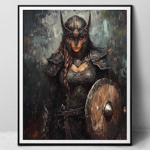 Viking Strong Girl - stampa artistica su carta, guerriera medievale con elmo alato, armatura e scudo, pittura a olio digitale