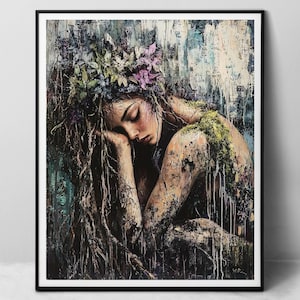 Gaïa enchantée - impression d'art en papier, déesse de la Terre nourricière, dryade wicca païenne dort dans la forêt, peinture à l'huile numérique