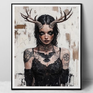 Strega gotica - stampa artistica su carta, ragazza gotica corvo tatuato occulto cornuto inquietante, pittura a olio digitale