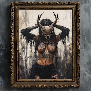 Nordische Hexe - Kunstdruck, gruselige okkulte tätowierte Goth Frau, digitales Ölgemälde