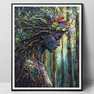 Gaia Blue - impression d'art en papier, dryade wicca déesse de la Terre mère dans la forêt, peinture à l'huile numérique empâtement texturé