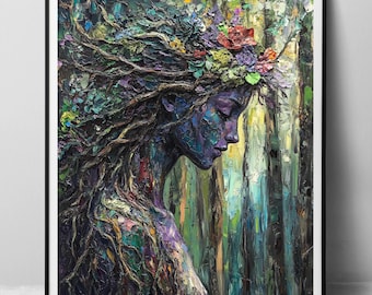 Gaia Blue - paper fine art print, Mother Earth Goddess wiccan dryad in the forest, textured impasto digital oil painting