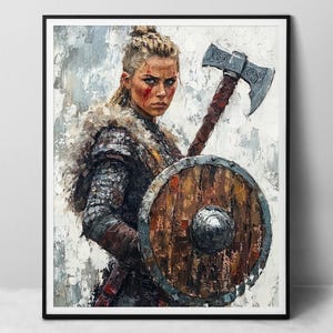 Ragazza vichinga con ascia - stampa artistica su carta, guerriera medievale in inverno, pittura a olio digitale
