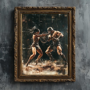 Gladiators, male vs female - Fine art print, Strong muscular Roman woman and man warriors oil painting, arena printable fantasy art poster