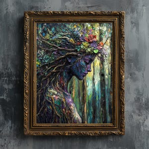 May include: A painting of a woman with a crown of flowers and vines, her face is painted blue and she is surrounded by a forest background.