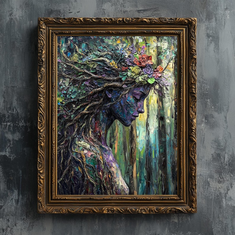 May include: A painting of a woman with a crown of flowers and vines, her face is painted blue and she is surrounded by a forest background.