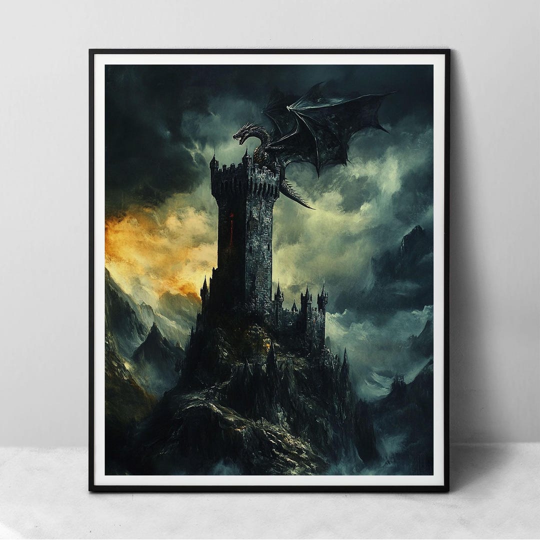 Dragon on Medieval Castle Tower - Paper Fine Art Print, Dark Fantasy ...