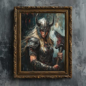 以下が含まれることがあります： 銀色の兜と鎧を着た女戦士が大きな斧を持っている絵画。背景は青と緑のヒントのある暗い質感のあるキャンバスです。