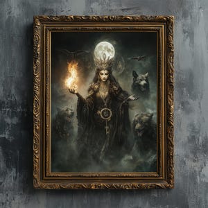 Hekate Göttin - Kunstdruck, Witchy vintage Ölgemälde druckbare Wandkunst Hexerei weibliche Gott Krone Gothic Fantasy Höllenhunde Raben