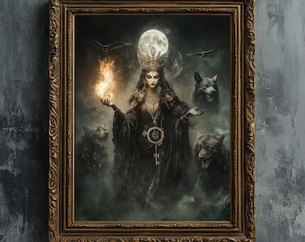 Hecate goddess - Fine art print, Witchy vintage oil painting printable wall art witchcraft female god crown gothic fantasy hellhounds ravens