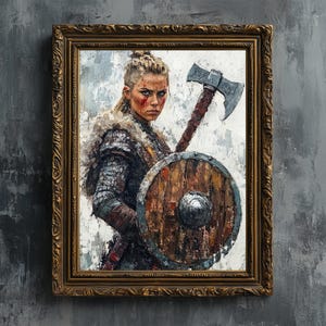 以下が含まれることがあります： 盾と斧を持った戦士のポーズをとる女性戦士の絵画。彼女は鎖帷子と毛皮のマントを着ています。背景は、テクスチャのある筆触効果のある白いキャンバスです。