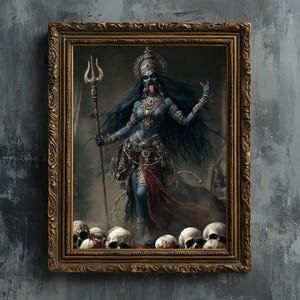 Deusa indiana Kali - Impressão de belas artes, pintura a óleo de caveira azul Kalika, arte de parede para impressão, deusa pagã feminina, guerreira, pôster de fantasia sombria OM