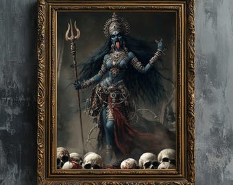 Kali Indian Goddess - Fine art print, Kalika blue skin skull oil painting printable wall art female Pagan god warrior OM dark fantasy poster