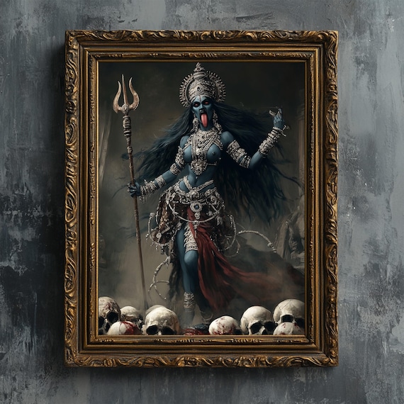 Kali Indian Goddess - Fine art print, Kalika blue skin skull oil painting printable wall art female Pagan god warrior OM dark fantasy poster