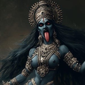 Puede incluir: Una deidad azul oscuro con cabello negro largo, que lleva una corona dorada y joyas adornadas, con una expresi&oacute;n feroz y la lengua fuera.