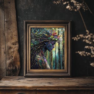 May include: A painting of a woman with a crown of flowers and vines in her hair. She is surrounded by a forest of trees and has a blue and green colour scheme.