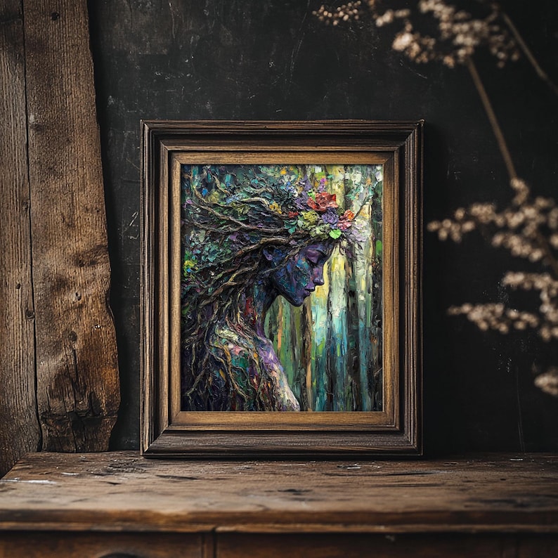 May include: A painting of a woman with a crown of flowers and vines in her hair. She is surrounded by a forest of trees and has a blue and green colour scheme.