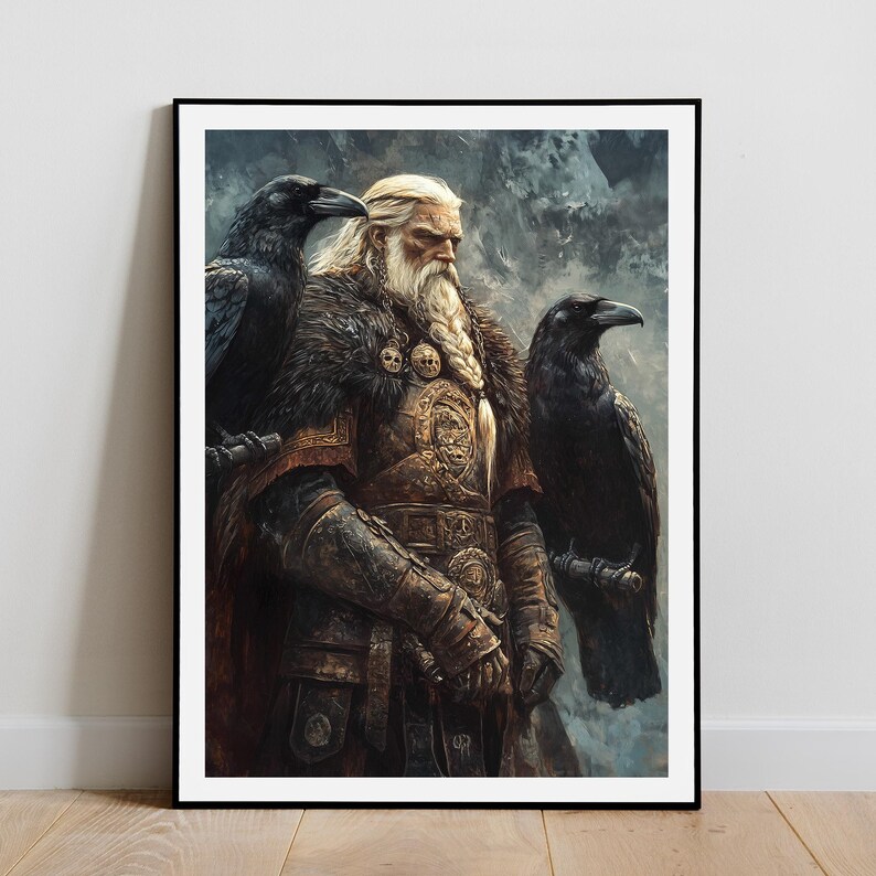 K&ouml;nnte beinhalten: Ein Gem&auml;lde eines Wikingerkriegers mit langem wei&szlig;em Bart und einem geh&ouml;rnten Helm. Er tr&auml;gt eine R&uuml;stung und h&auml;lt ein Schwert. Zwei Raben sitzen auf seinen Schultern.