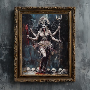 Deusa Kali - Impressão artística, Kalika quatro mãos em crânios pintura a óleo arte de parede para impressão Hinduísmo Deus pagão guerreiro OM pôster de fantasia sombria