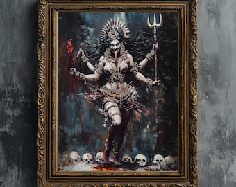 Diosa Kali - Impresión artística, Kalika cuatro manos sobre calaveras, pintura al óleo imprimible, arte de pared, hinduismo, dios pagano, guerrero OM, póster de fantasía oscura