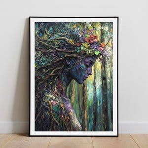 May include: A painting of a woman with a crown of flowers and vines, her face is painted in shades of blue and purple, and her hair is a cascade of green and brown vines. The background is a blurred forest scene with green, blue, and yellow hues.
