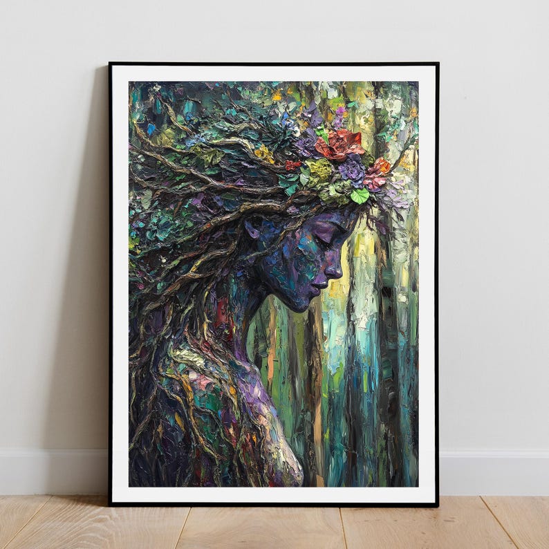May include: A painting of a woman with a crown of flowers and vines, her face is painted in shades of blue and purple, and her hair is a cascade of green and brown vines. The background is a blurred forest scene with green, blue, and yellow hues.