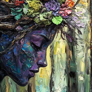May include: A painting of a woman's face with a crown of flowers. The woman's face is painted in shades of purple and blue, and the flowers are painted in shades of green, yellow, and purple.