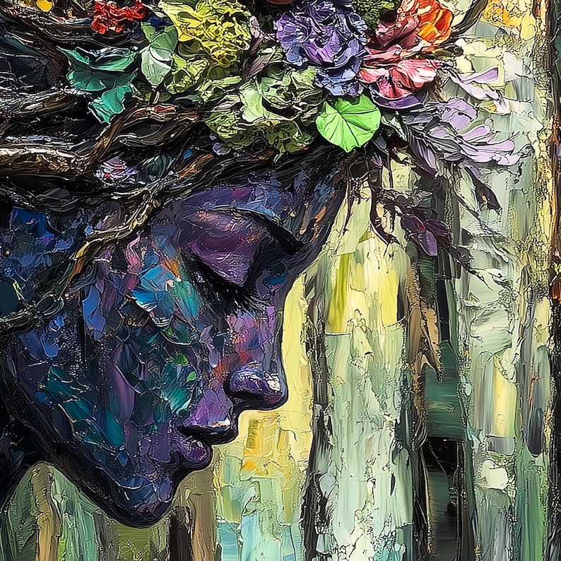 May include: A painting of a woman's face with a crown of flowers. The woman's face is painted in shades of purple and blue, and the flowers are painted in shades of green, yellow, and purple.