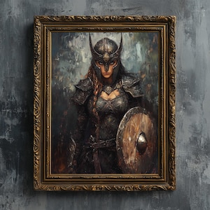 Viking starkes Mädchen - Kunstdruck, Mittelalterliche Kriegerin geflügelte Helm Rüstung Schild schönes Ölgemälde druckbares dark Fantasy Poster