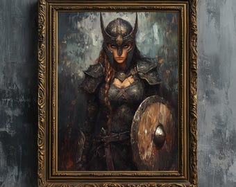 May include: A painting of a woman warrior in a dark helmet and armor, holding a shield. The background is a dark, textured canvas.