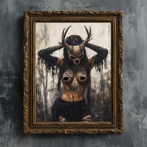 Norse Witch - Fine art print, Creepy occult tattooed goth woman digital oil painting