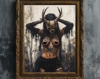 Norse Witch - Fine art print, Creepy occult tattooed goth woman digital oil painting
