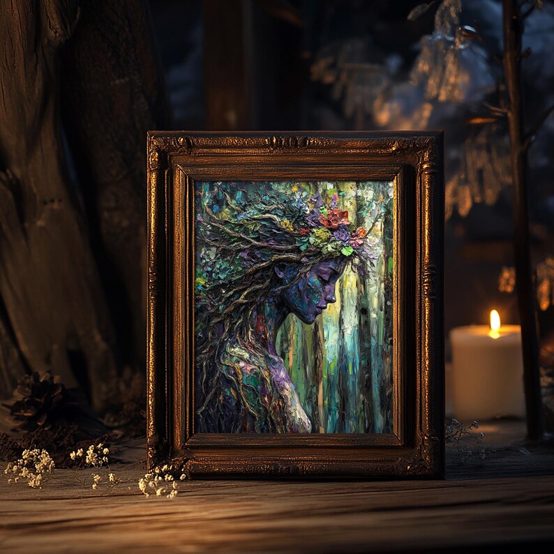 May include: A framed painting of a woman with a floral crown, her face is blue and she is surrounded by green and blue foliage. The painting is in a gold frame and is set against a dark background.