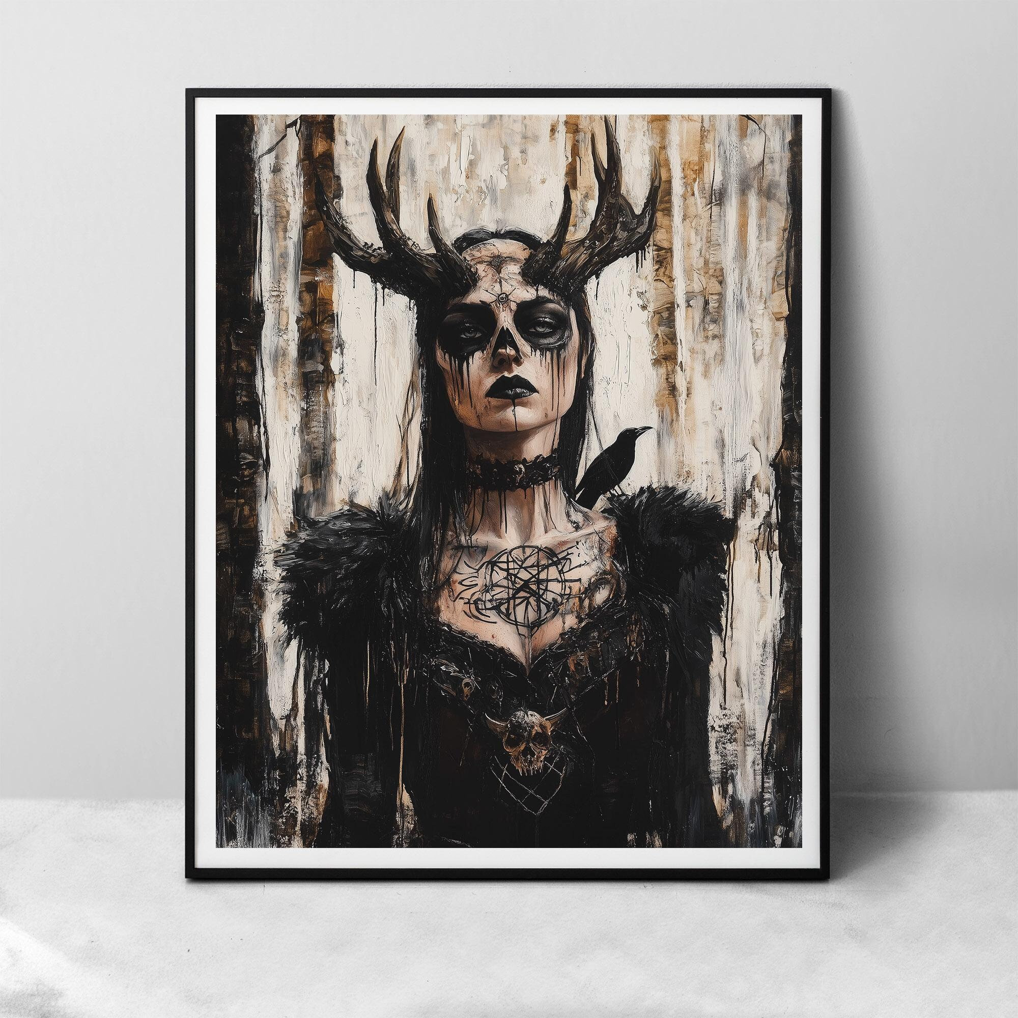 Horned Goth-Witch - paper fine art print, Creepy occult tattooed goth girl in the forest, digital oil painting
