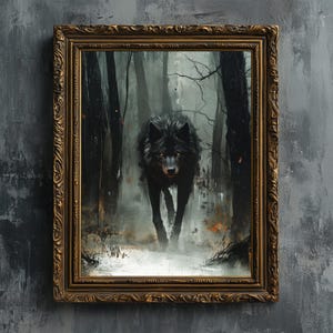 Schwarzer Wolf im nebligen Wald - Kunstdruck, digitales Ölgemälde