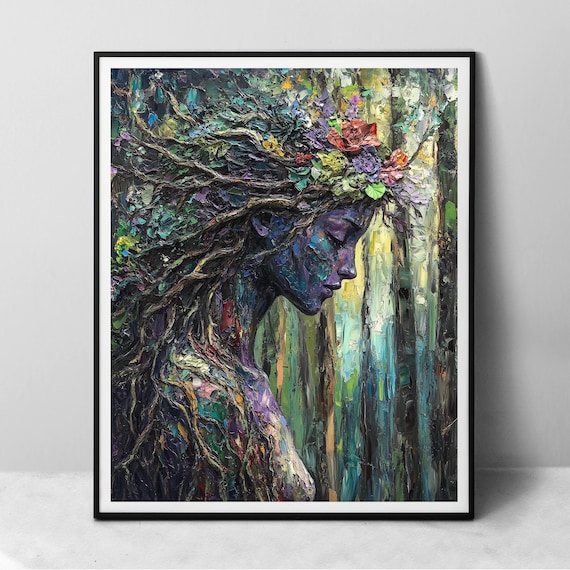 Gaia Blue - paper fine art print, Mother Earth Goddess wiccan dryad in the forest, textured impasto digital oil painting