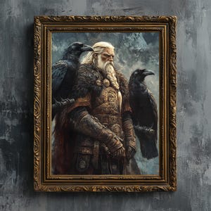 Odin com Huginn e Muninn - Impressão artística, pintura digital a óleo sobre deus guerreiro nórdico pagão
