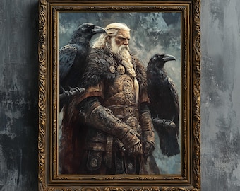 Odin with Huginn & Muninn - Fine art print, Pagan Norse god warrior digital oil painting