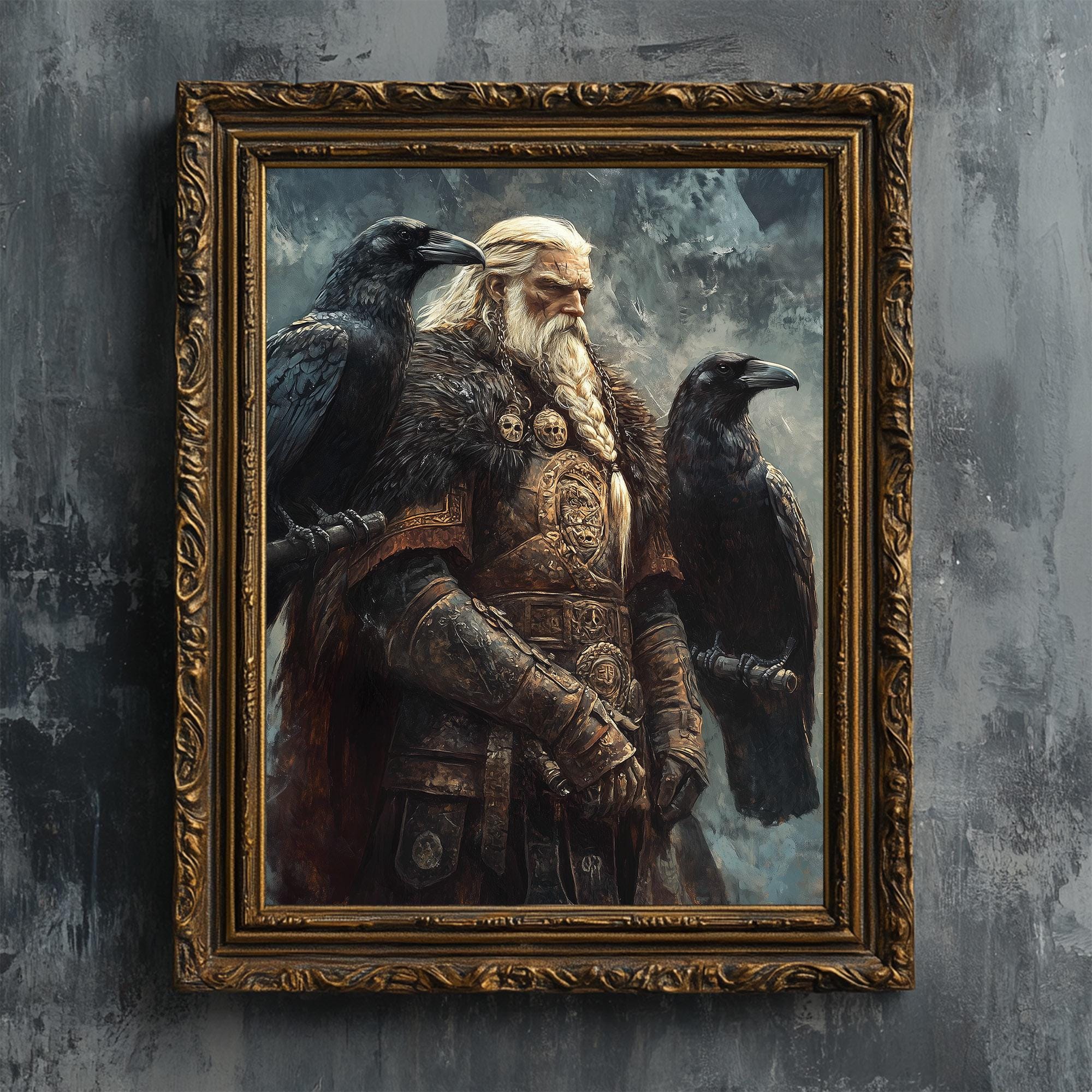 Odin with Huginn & Muninn - Fine art print, Pagan Norse god warrior digital oil painting