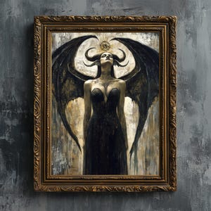 Lilith Göttin im schwarzen Kleid - Kunstdruck, Schöne gehörnte weibliche Gottheit Drachenflügel Ölgemälde druckbare Kunst Fantasy Poster