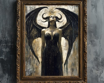 Lilith goddess in black dress - Fine art print, Beatiful horned female god dragon wings oil painting printable wall art fantasy poster
