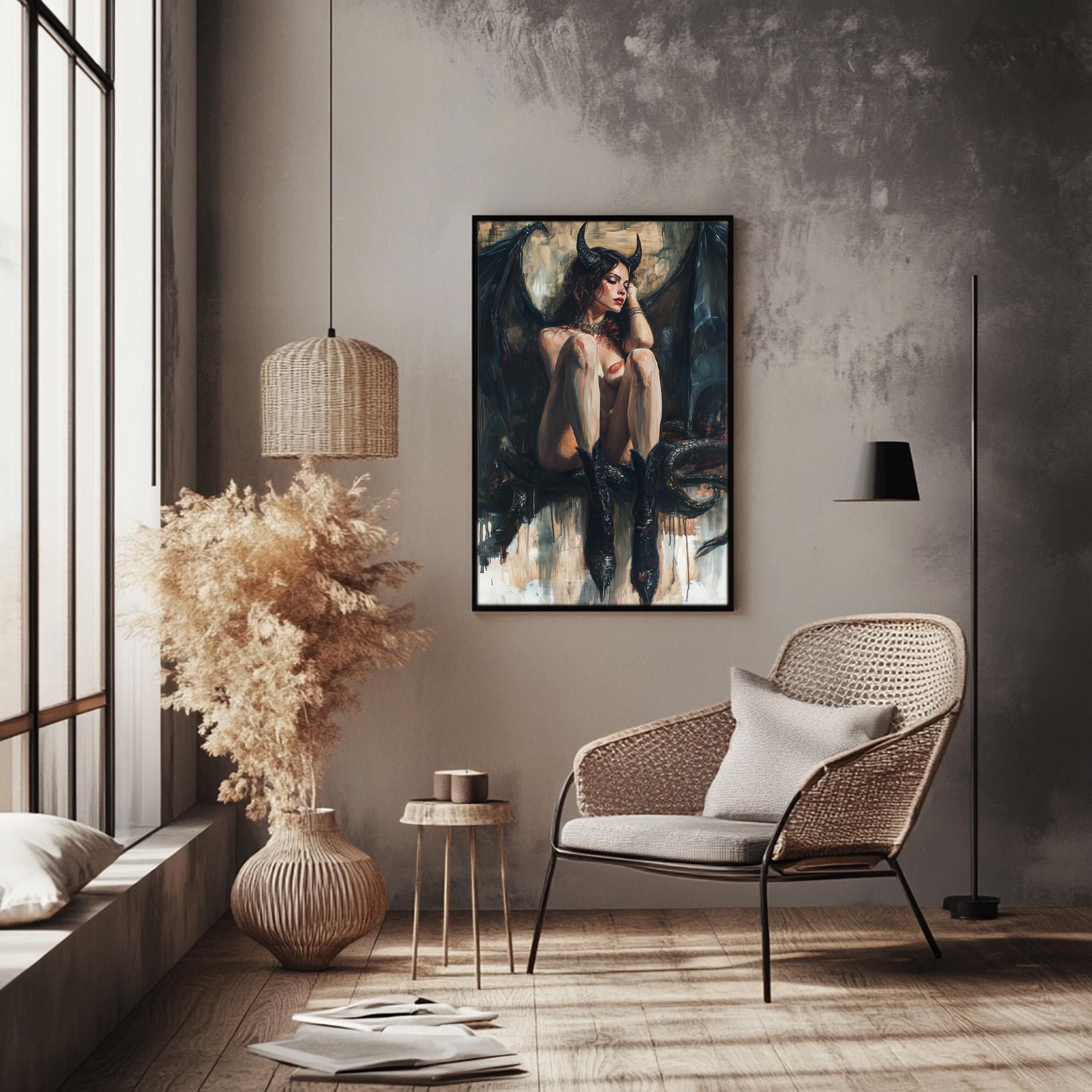 Lilith Nude Goddess Fine Art Print, Beatiful Horned Cute Female God