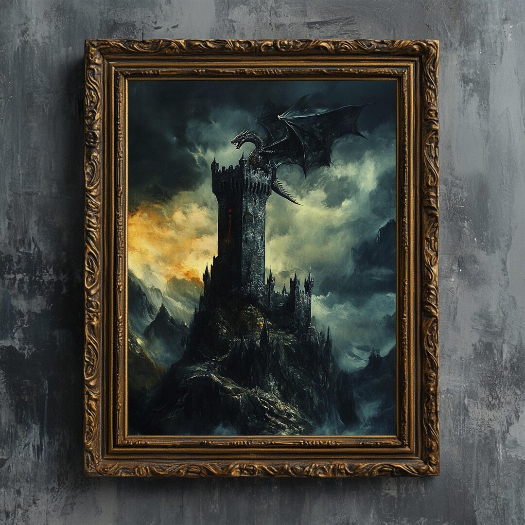 Dragon on Medieval Castle Tower - Fine Art Print, Dark Fantasy Vintage ...