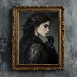Morrigan & Black Raven - Kunstdruck, heidnische keltische Göttin Königin Kriegerin Vintage Ölgemälde druckbare Wandkunst dunkel Goth Fantasy Poster
