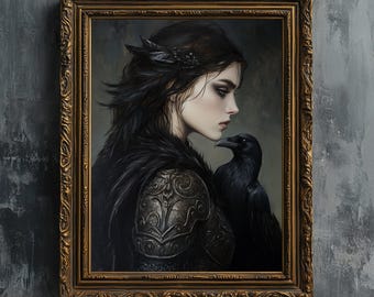 Morrigan & Black Raven - Fine art print, Pagan Celtic Goddess Queen Warrior Vintage oil painting printable wall art dark goth fantasy poster