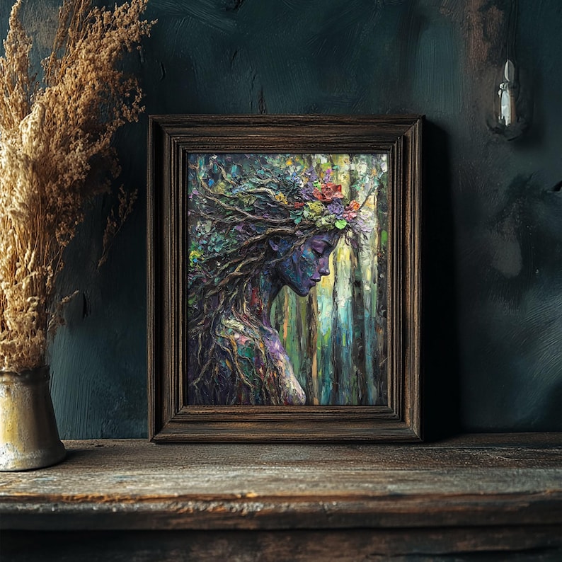 May include: A painting depicting a woman with a crown of flowers and vines, her face is painted in shades of blue and purple, and her hair is a mix of green and brown. The background is a blurred forest scene with a blue and green colour scheme.