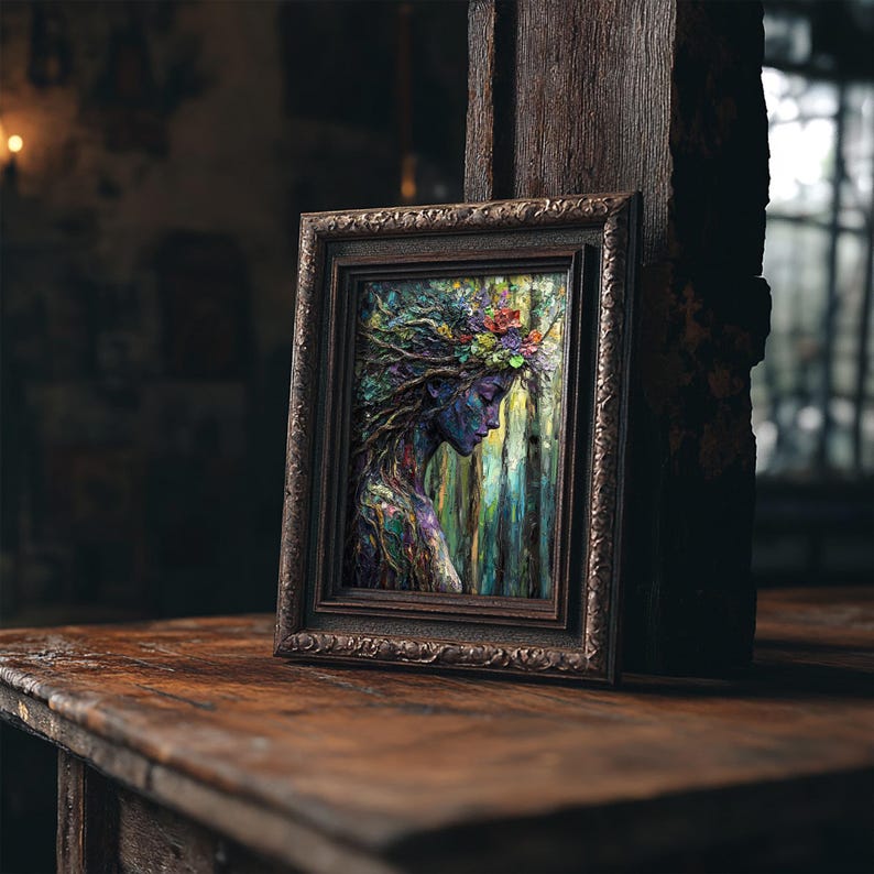 May include: A framed painting depicting a woman with a crown of flowers and leaves. Her face is painted in shades of blue and purple, and she is surrounded by a lush green forest. The painting is set against a dark wooden background.
