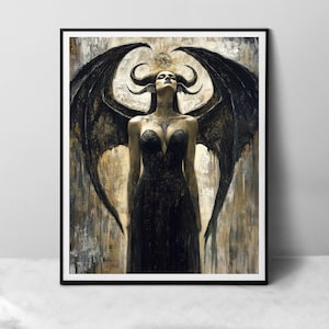 Lilith-Göttin im schwarzen Kleid - Papier Kunstdruck, digitales Ölgemälde der wunderschönen gehörnten weiblichen dunklen Göttin mit Drachenflügeln