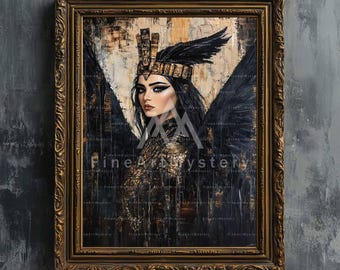 Beautiful Maat - Fine art print, Ancient Egyptian goddess, pagan black wings digital oil painting