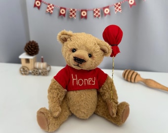 OOAK Handmade Teddy Bear “Honey” – Miniature Artist Bear with Balloon, Collectible Teddy, Cute Handmade Gift